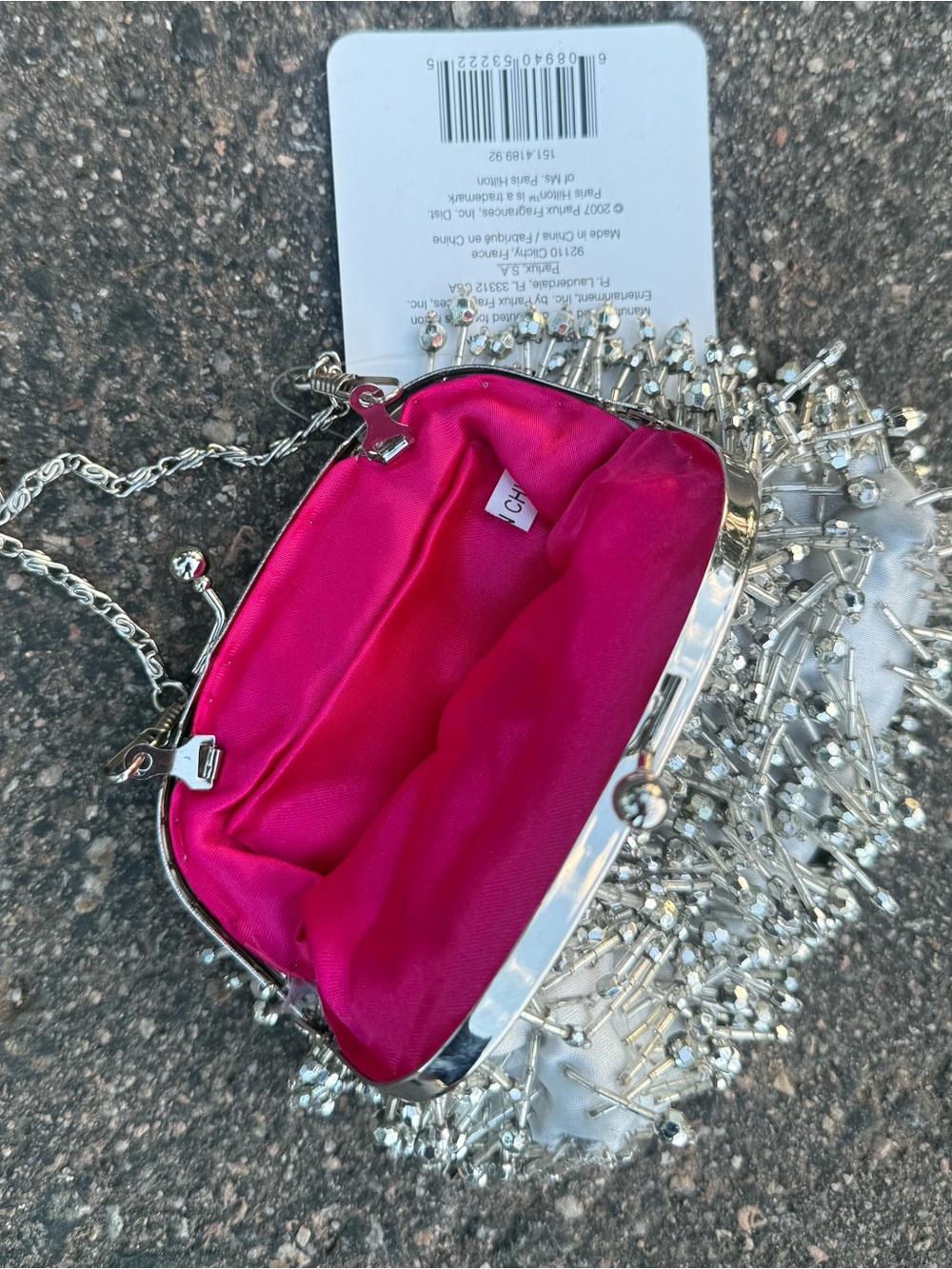 Paris Hilton Silver Satin Evening Bag with Beading and Hot Pink Satin Lining NWT - Picture 9 of 10